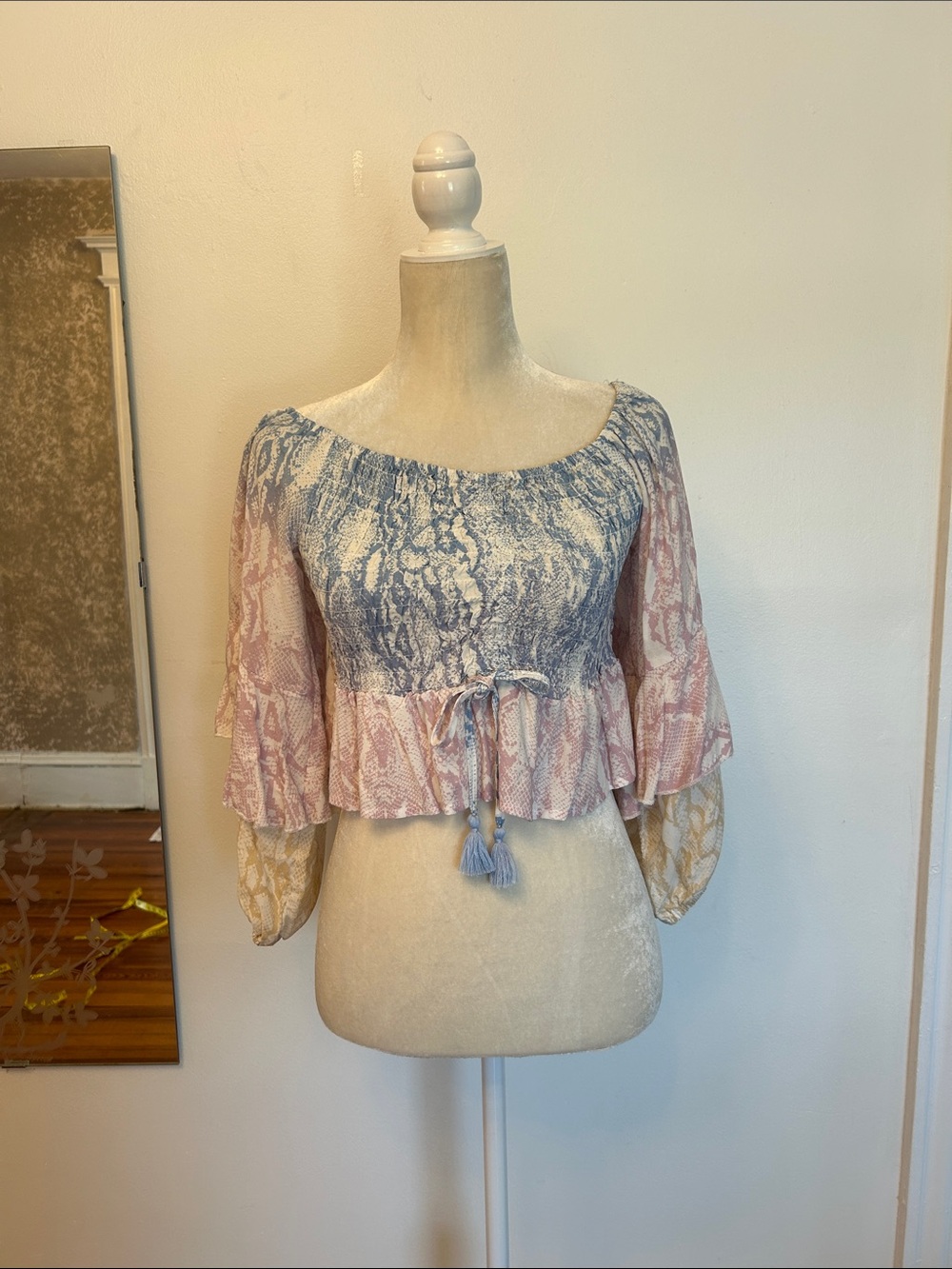 Surf Gypsy Blue, Pink & Cream Peasant Crop Top